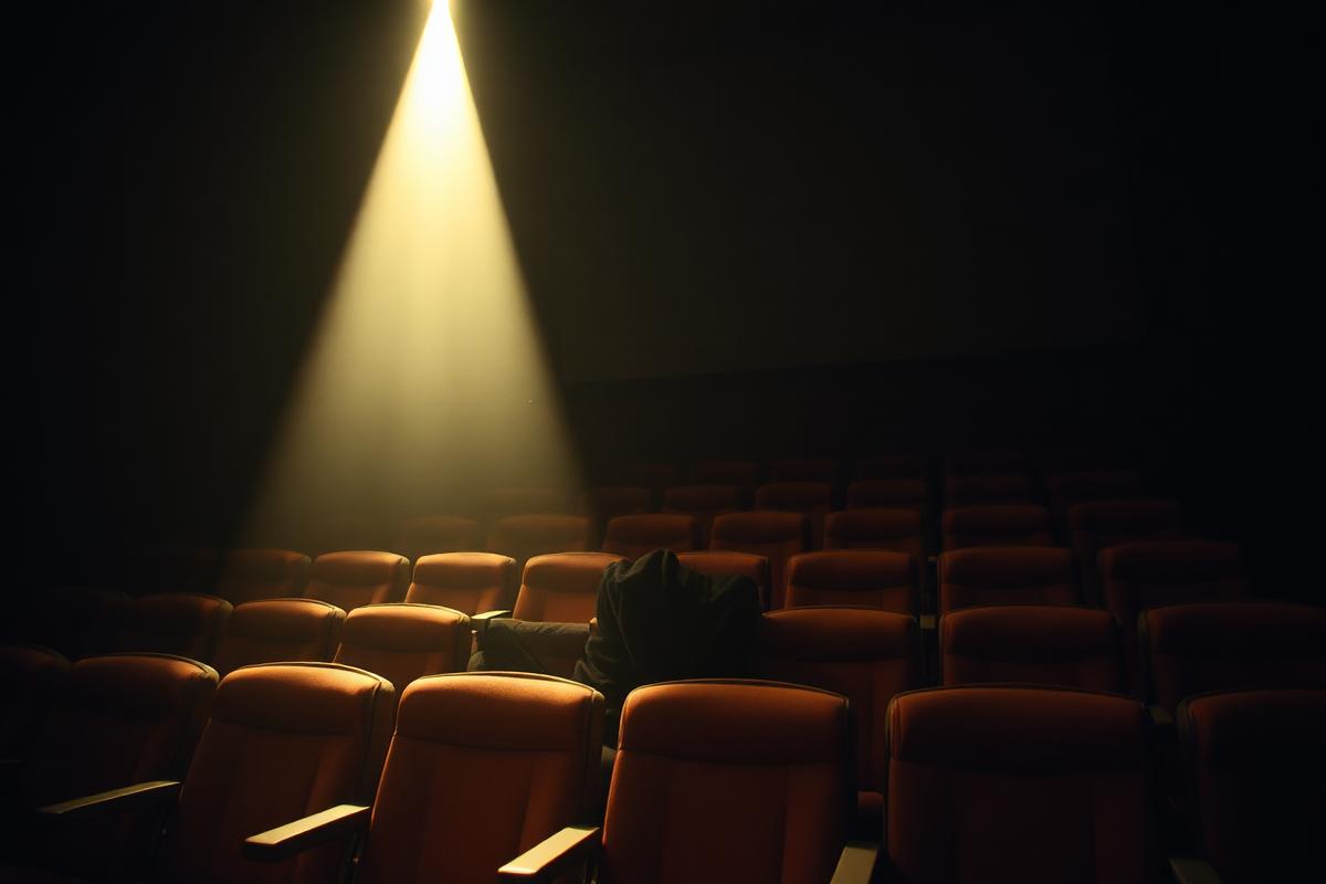 Sala de cine vacía atravesada por el haz del proyector