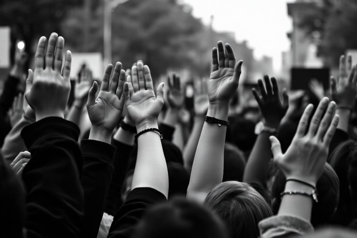 Manos levantadas en una manifestación pacífica