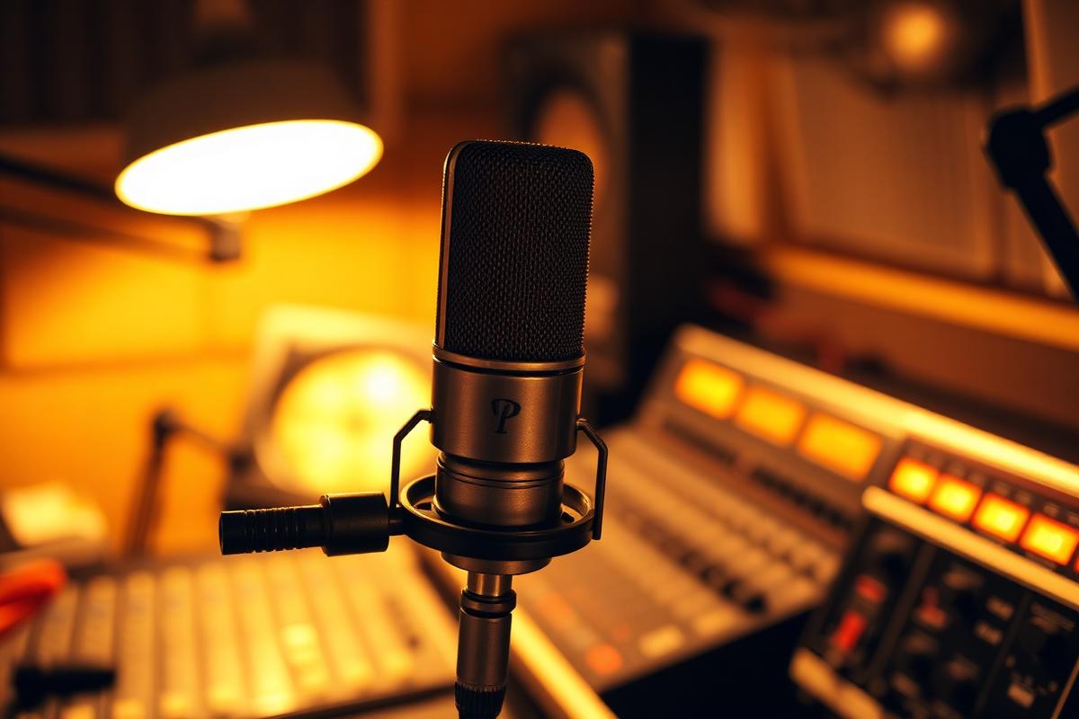 Micrófono de condensador en la cabina de radio